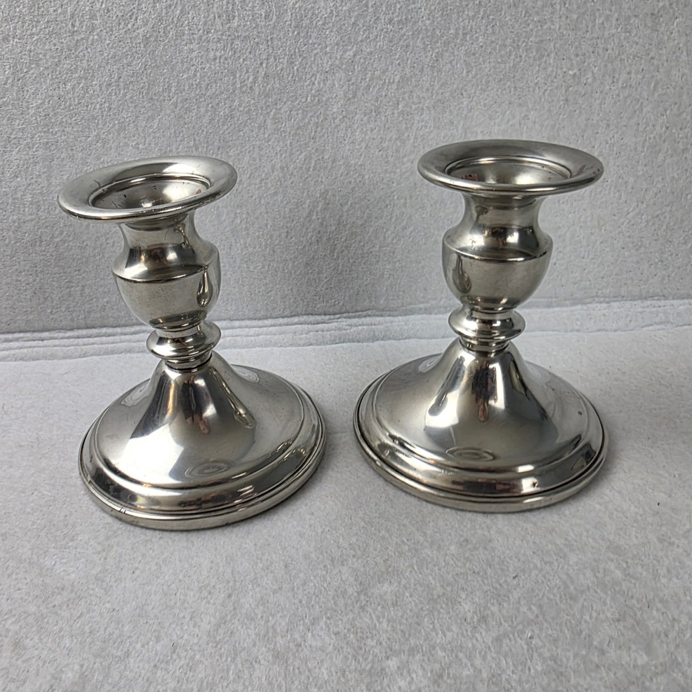 Web Pewter Weighted Candlesticks Set of 2 Vintage Silver Taper Holders 4.5 Inch